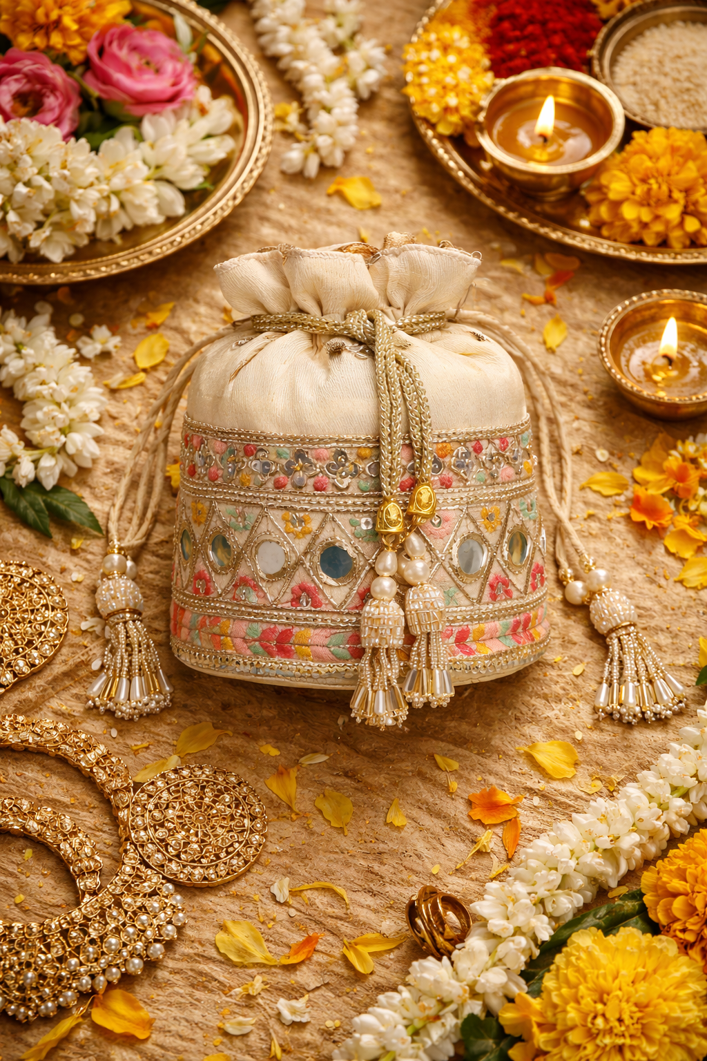 Beige Banarsi Silk Bucket Potli