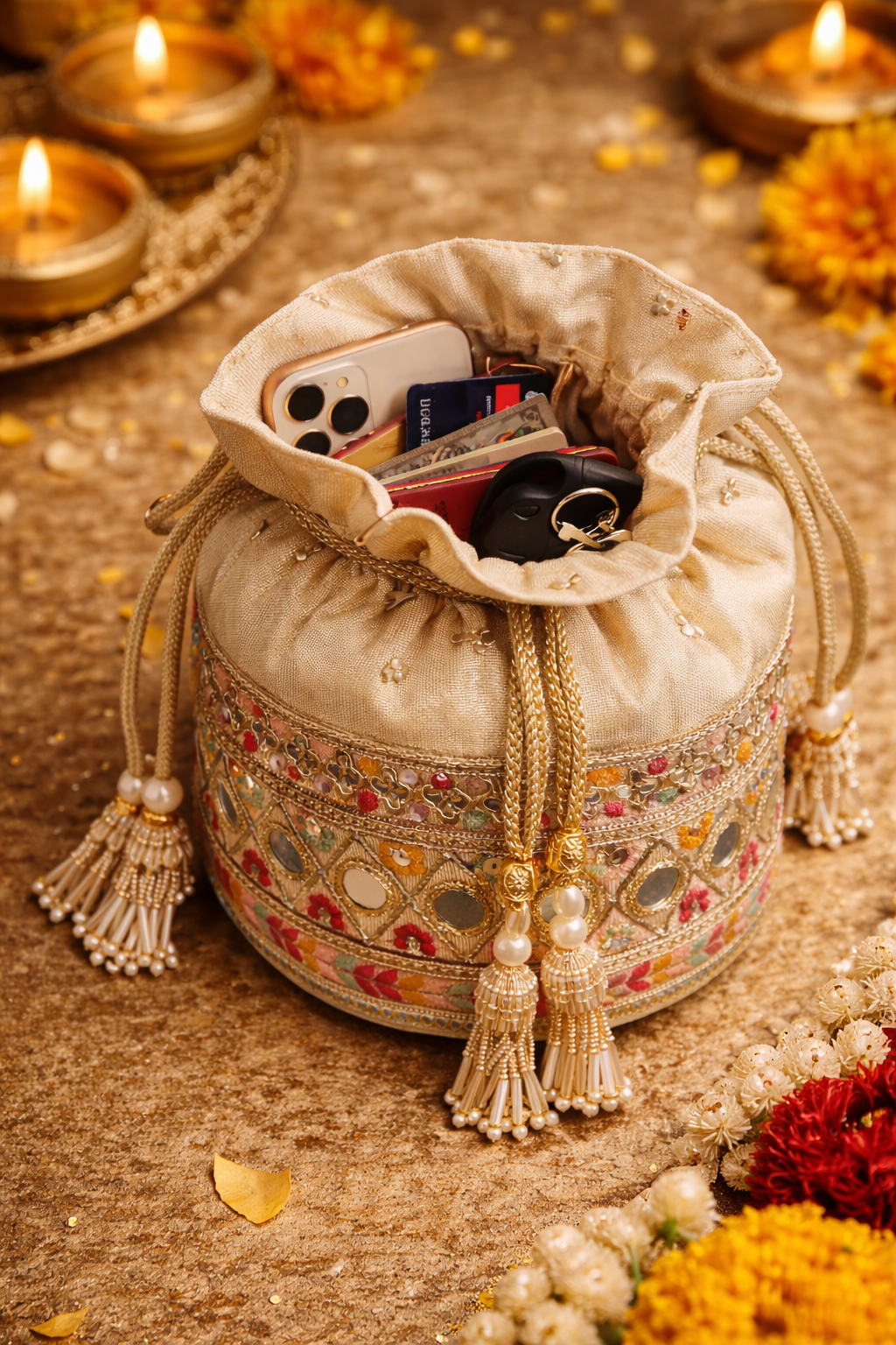 Beige Banarsi Silk Bucket Potli