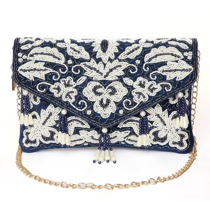 Beaded Tassel Blue Clutch
