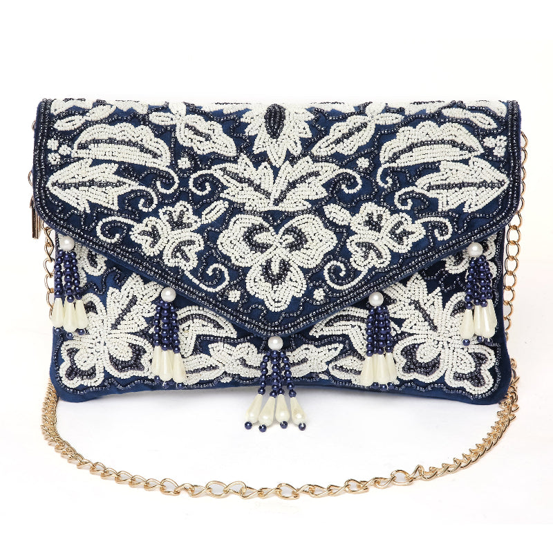 Beaded Tassel Blue Clutch