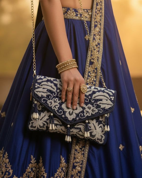 Beaded Tassel Blue Clutch