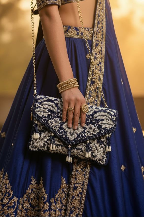 Beaded Tassel Blue Clutch