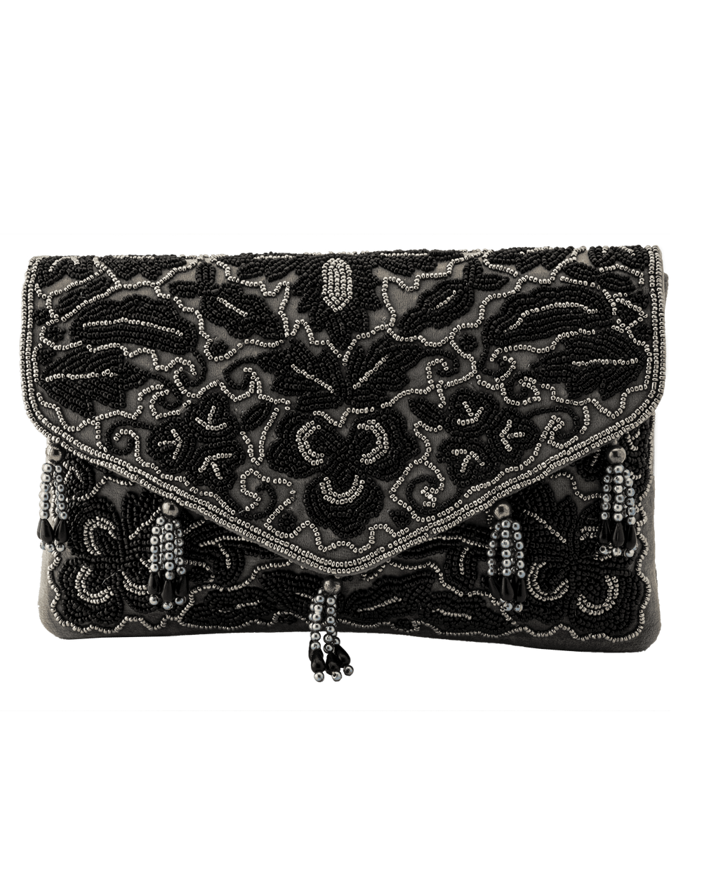 Beaded Tassel Grey Clutch