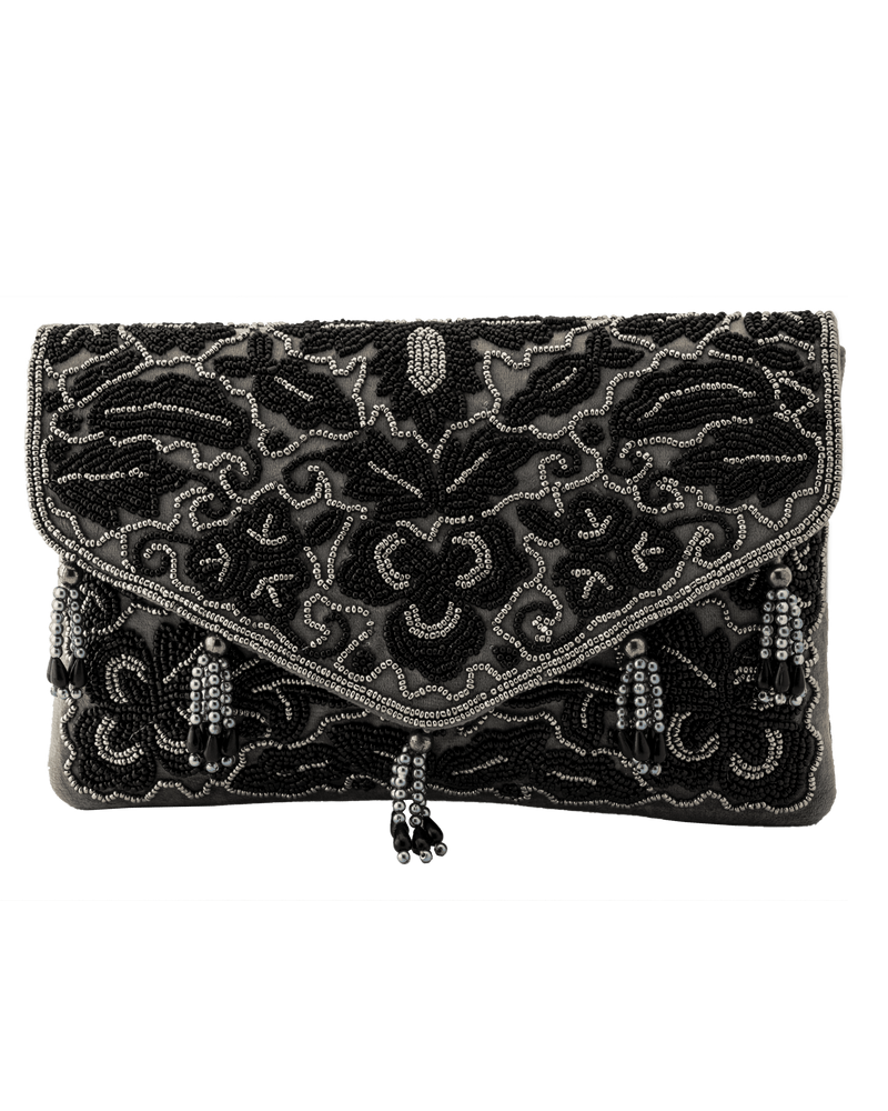 Beaded Tassel Grey Clutch