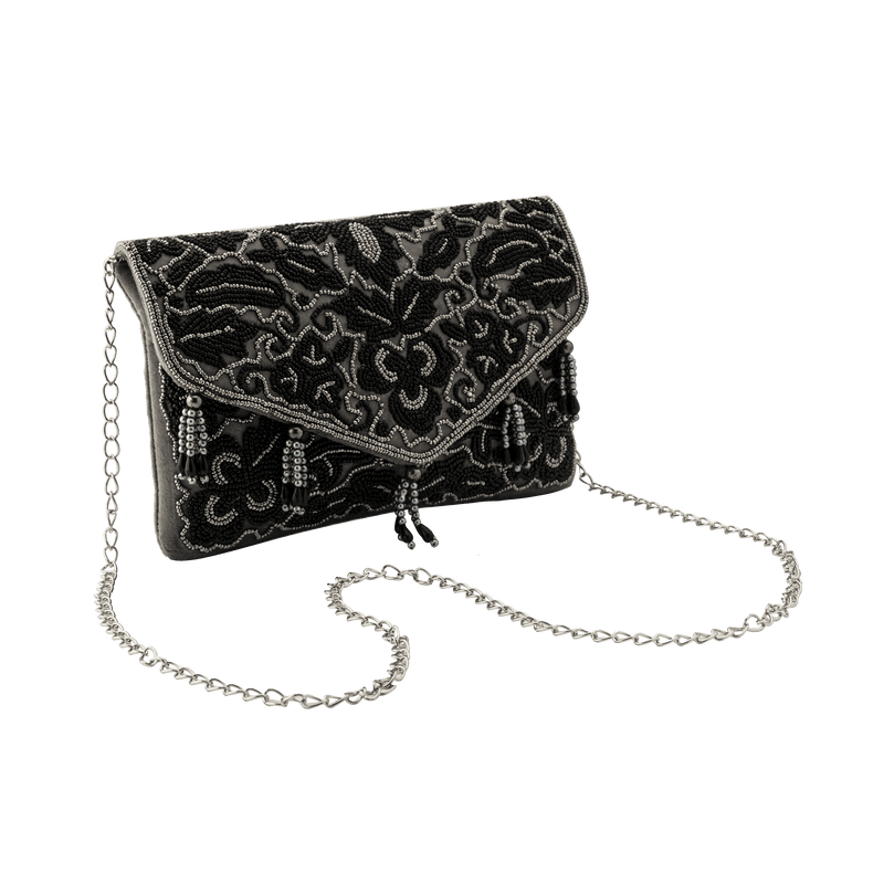 Beaded Tassel Grey Clutch