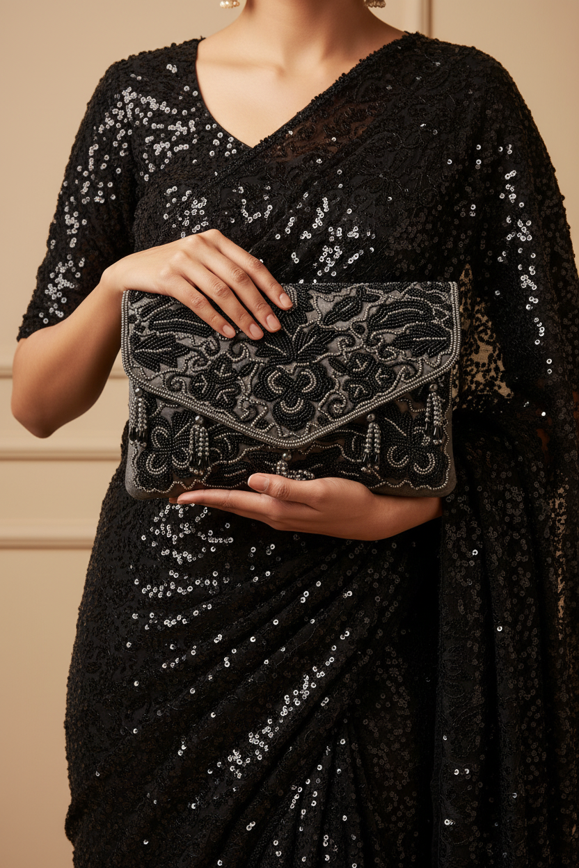 Beaded Tassel Grey Clutch