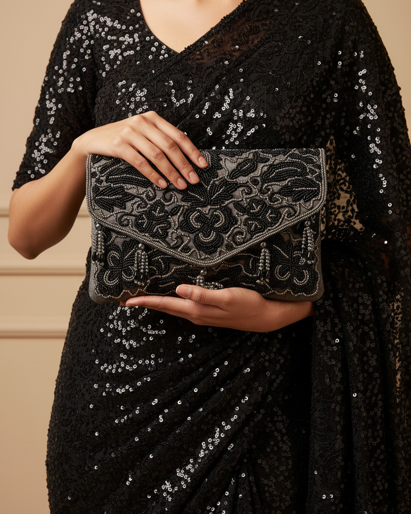 Beaded Tassel Grey Clutch