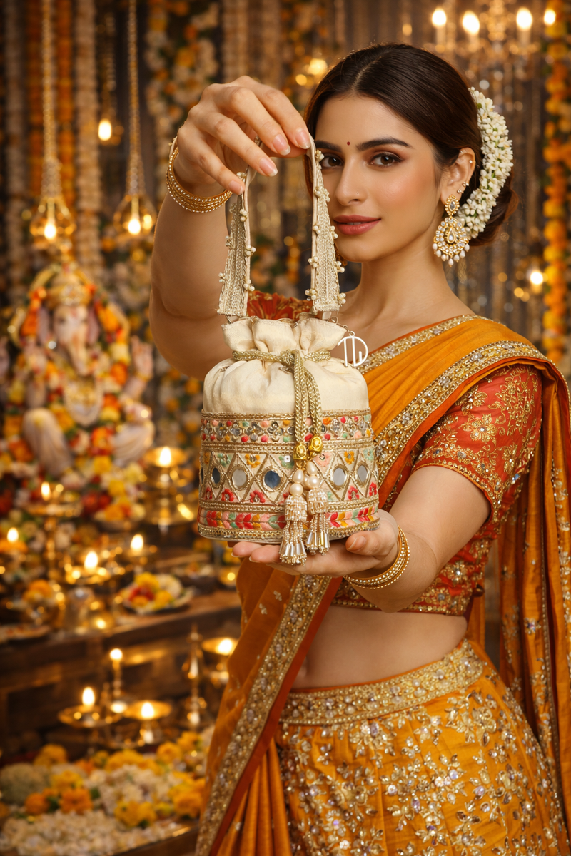 Beige Multi Colour Bucket Potli