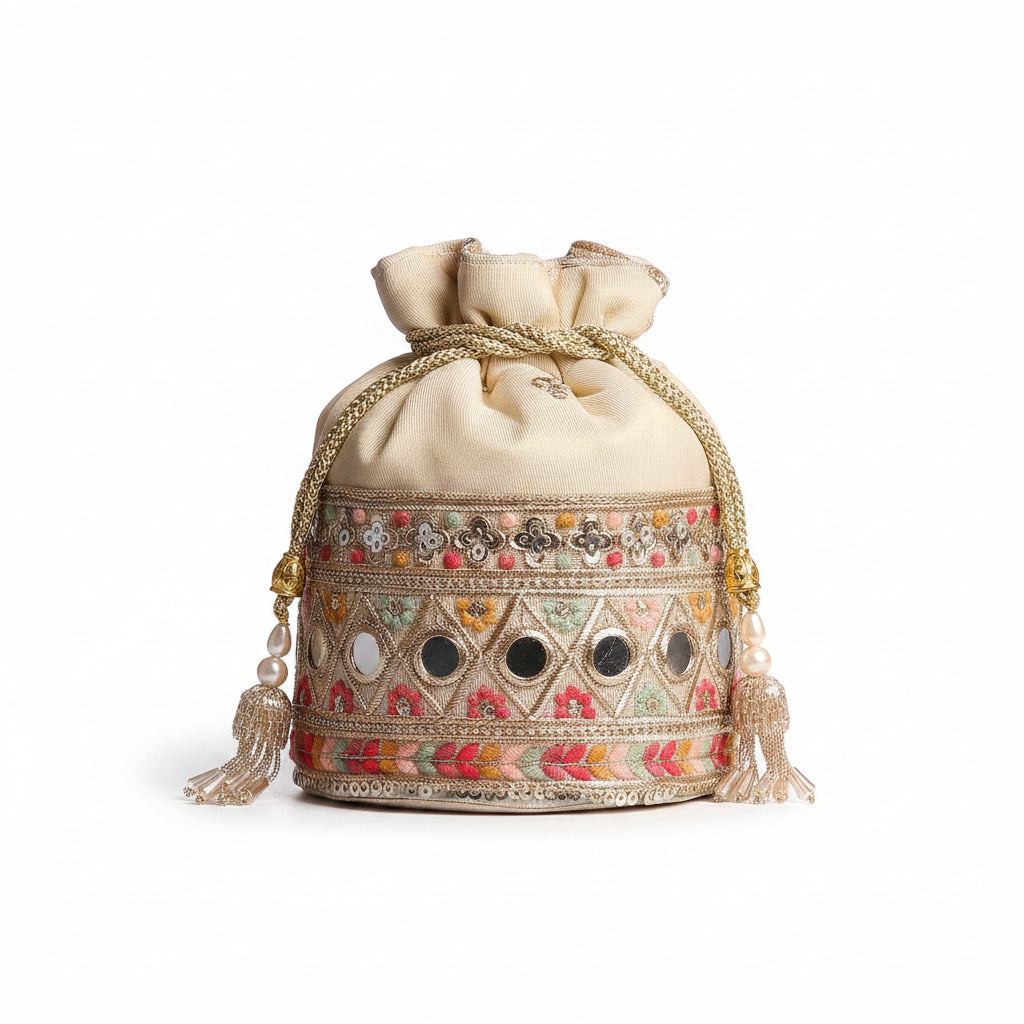 Beige Banarsi Silk Bucket Potli