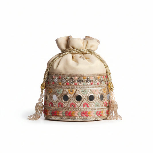 Beige Banarsi Silk Bucket Potli