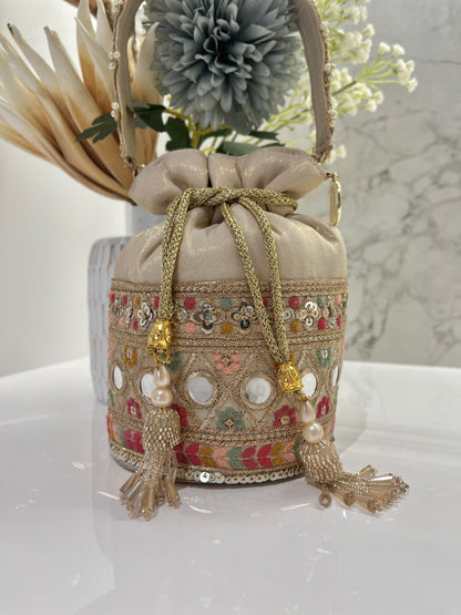 Beige Banarsi Silk Bucket Potli