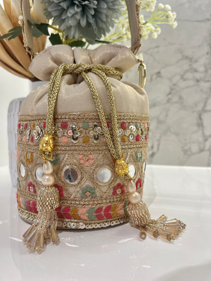 Beige Banarsi Silk Bucket Potli 