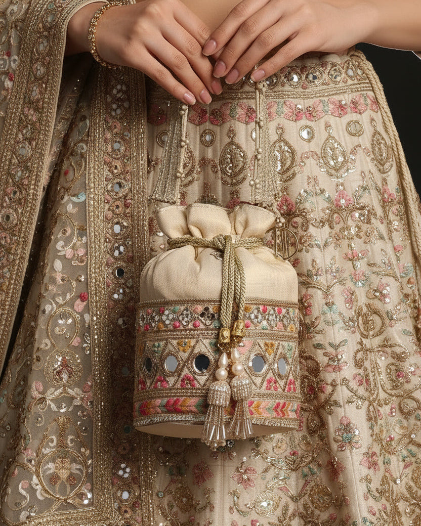 Beige Banarsi Silk Potli