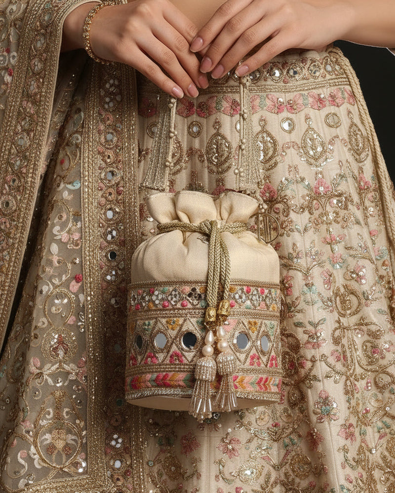 Beige Multi Colour Bucket Potli