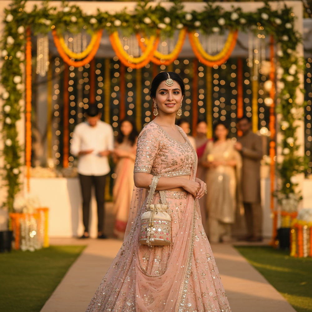Beige Multi Colour Bucket Potli