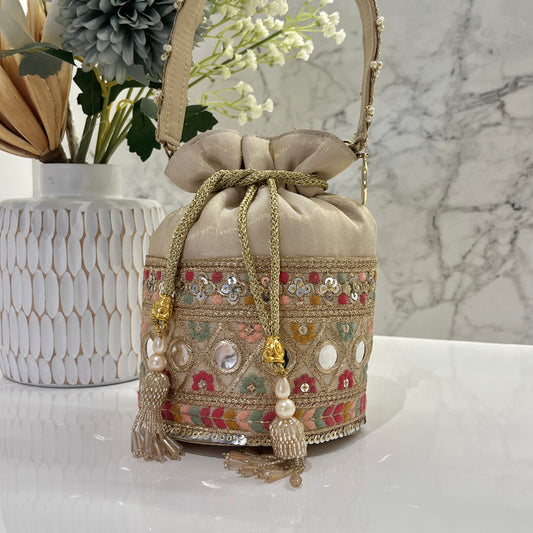 Beige Banarsi Silk Bucket Potli With Pearl Tassel