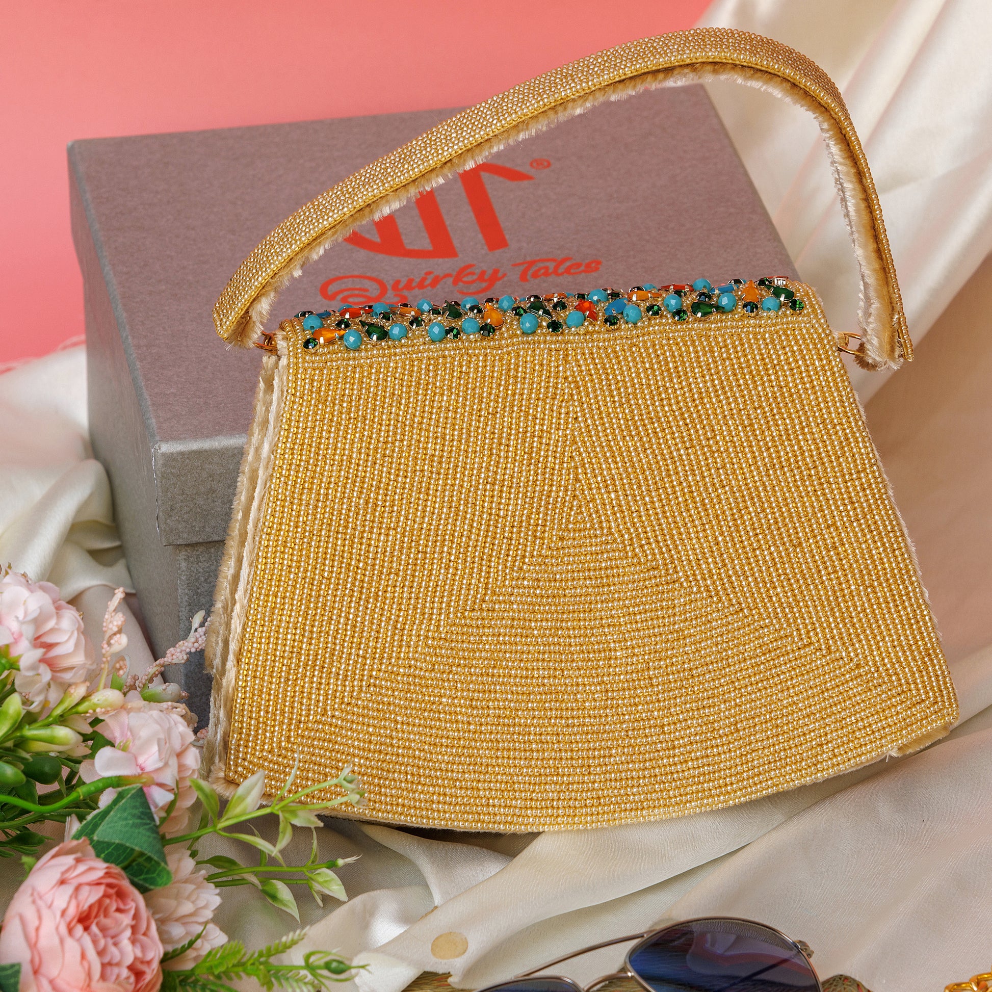 Elara Beige Handbag With Beaded Butterfly Motif 