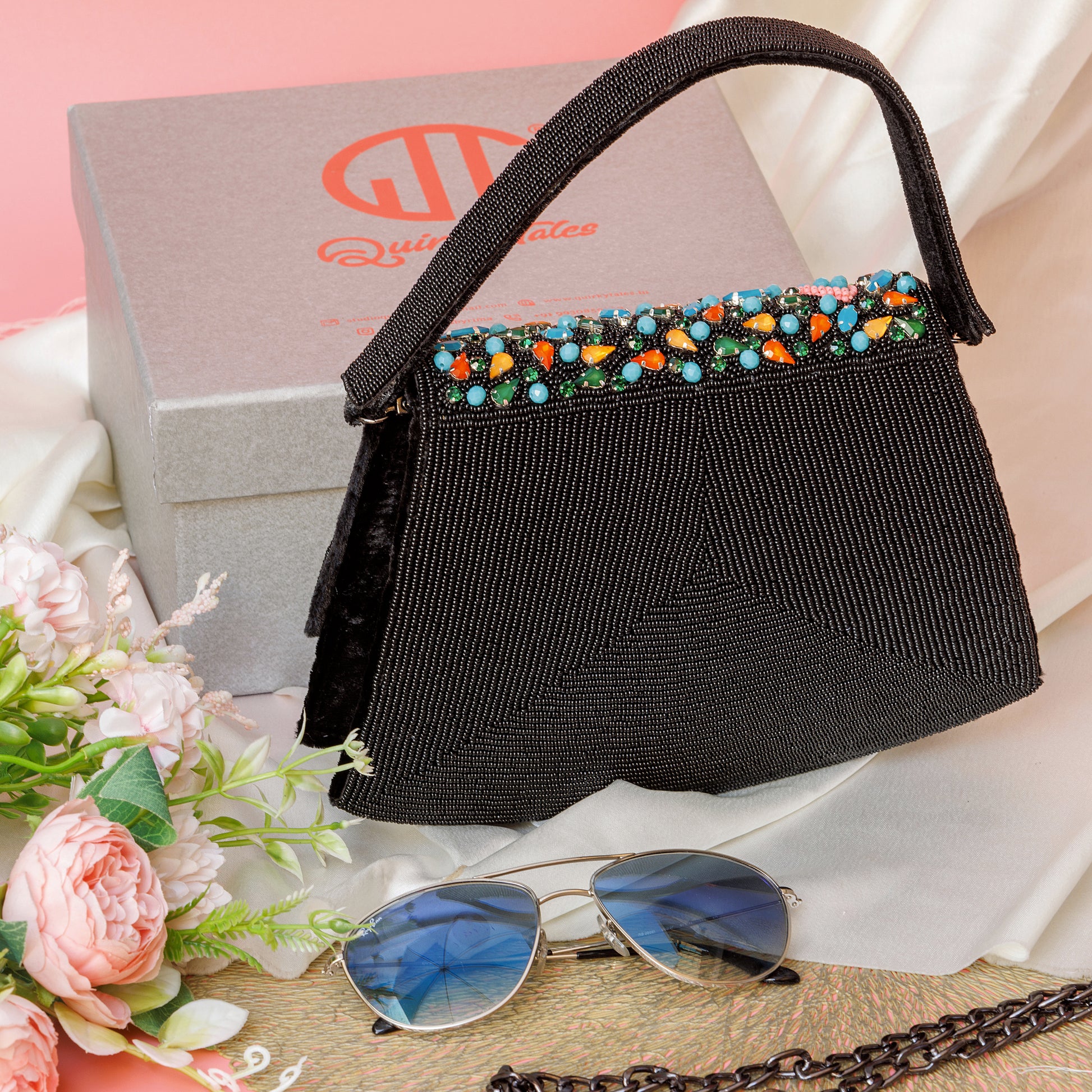 Elara Black Handbag With Beaded Butterfly Motif