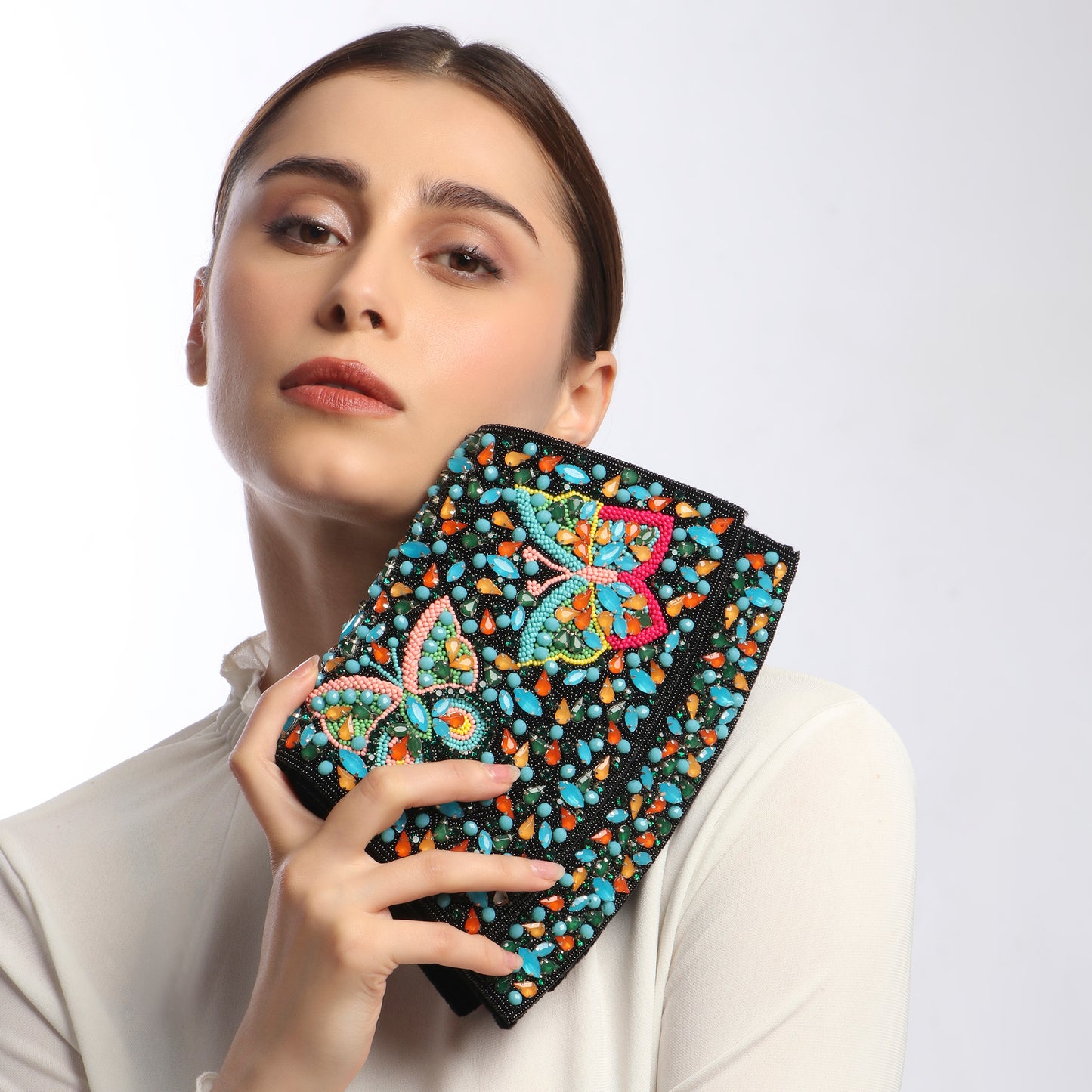 Elara Black Handbag With Beaded Butterfly Motif