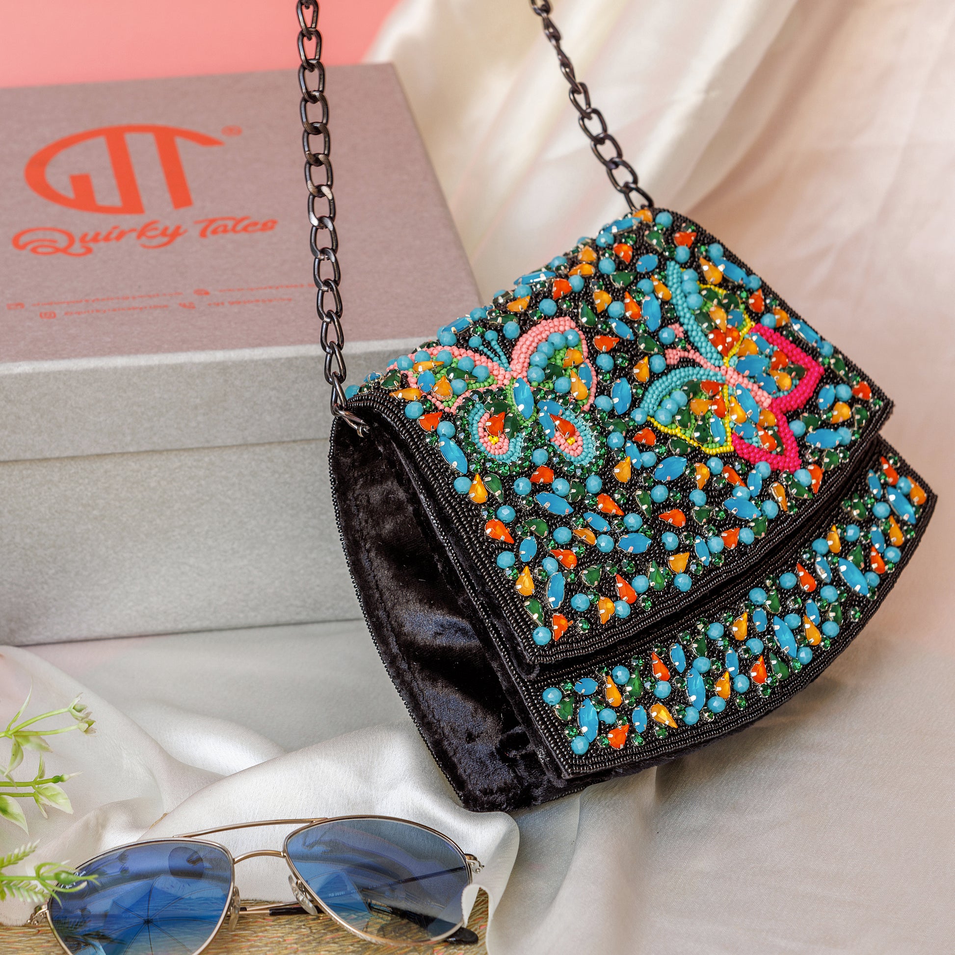 Elara Black Handbag With Beaded Butterfly Motif