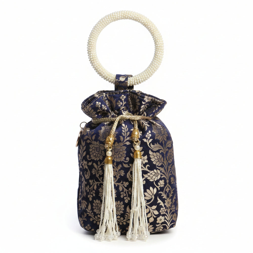 Blue Silk Banarsi Potli With Golden Floral Print