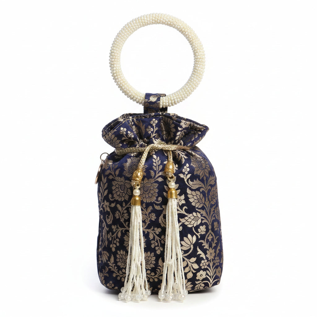 Blue Silk Banarsi Potli With Golden Floral Print