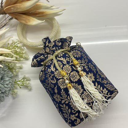 Blue Silk Banarsi Potli With Golden Floral Print