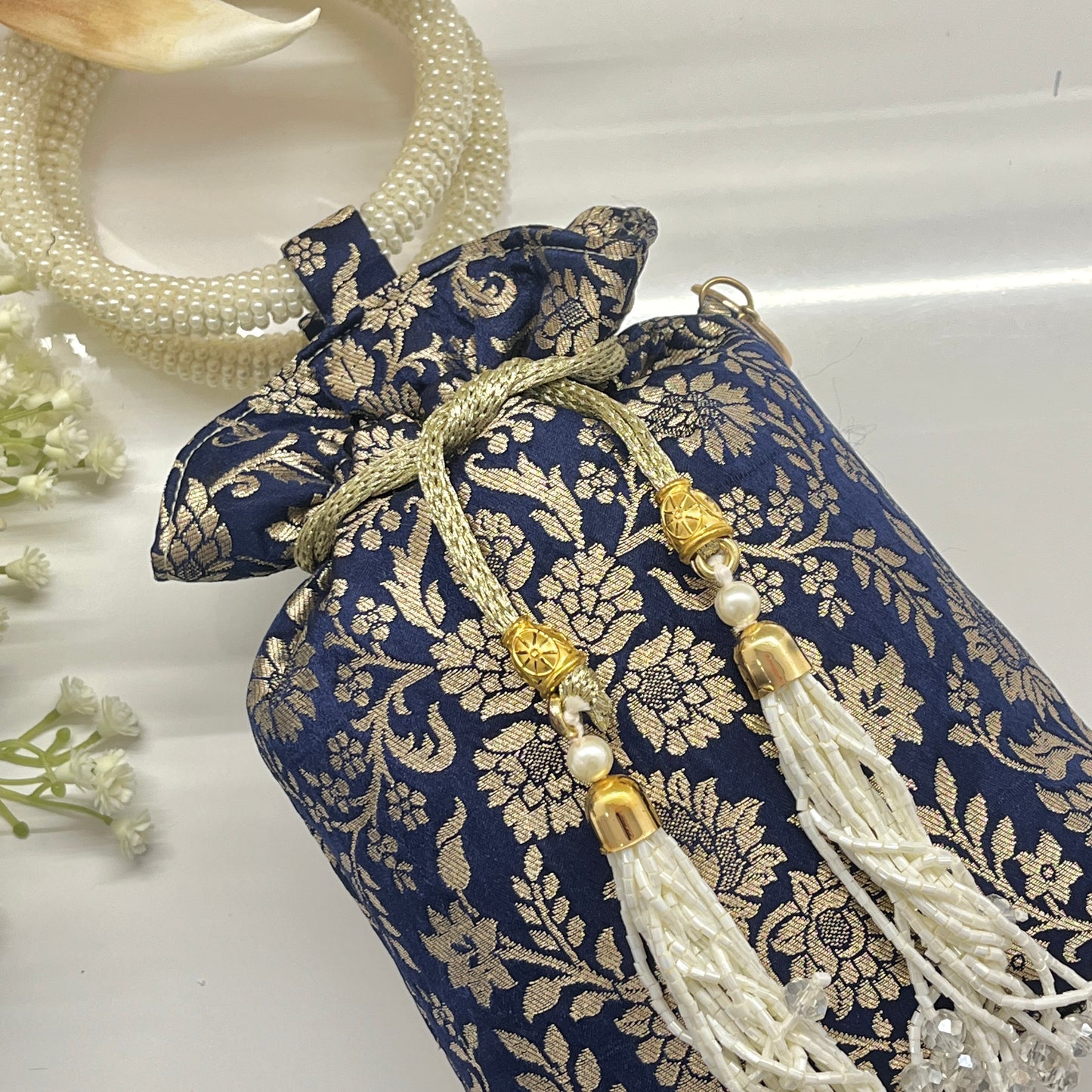 Blue Silk Banarsi Potli With White Pearl Tassel