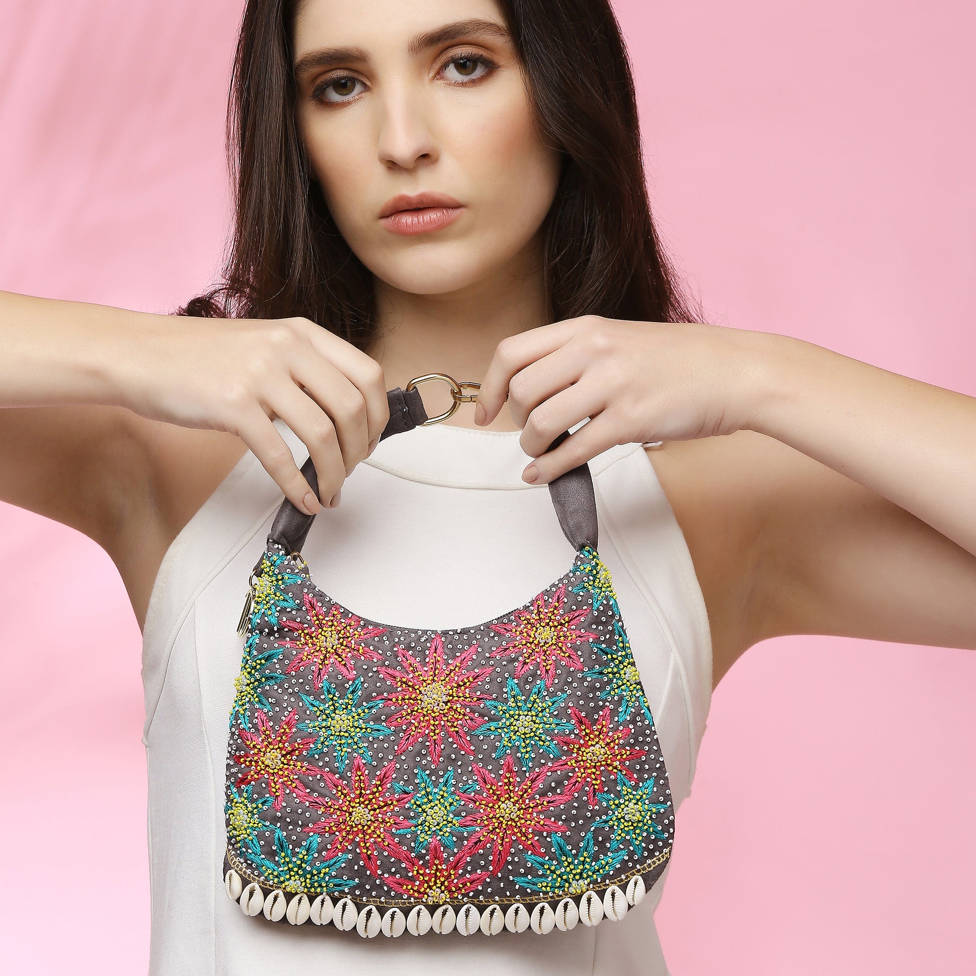 Boho Kashida Embroidery Mini Grey Handbag