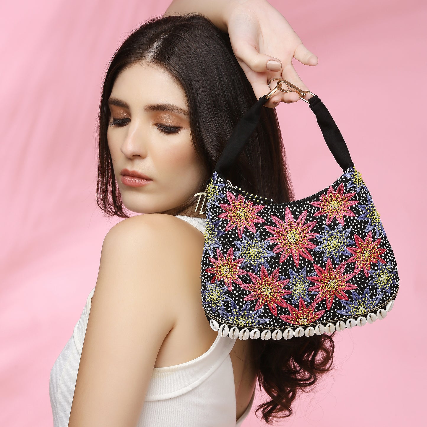 Boho Kashida Embroidery Mini Black Handbag
