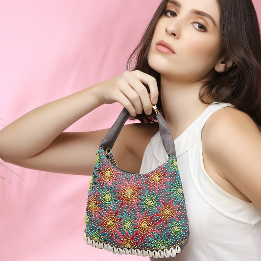 Boho Kashida Embroidery Mini Grey Handbag