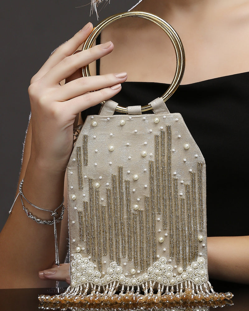 Pearl Embroidered Gold Bangle Handle Handbag