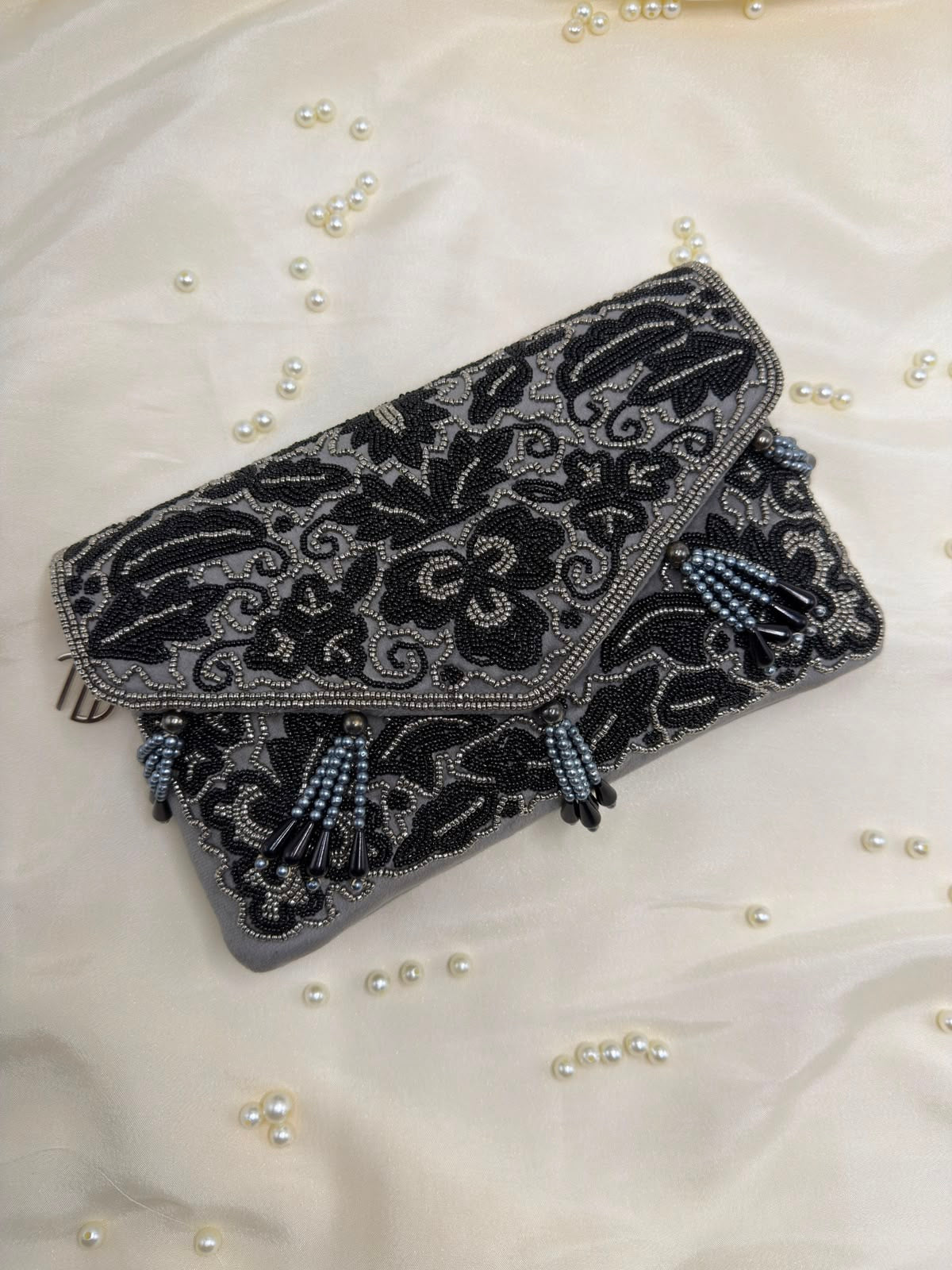 Beaded Tassel Grey Clutch