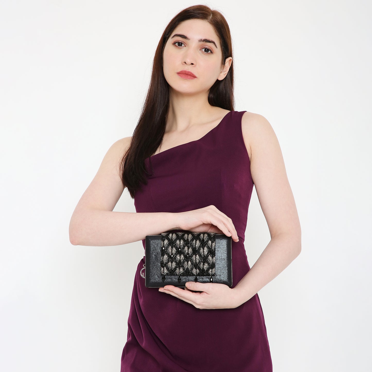 Chloee Black Box Clutch With Silver Beading Work 