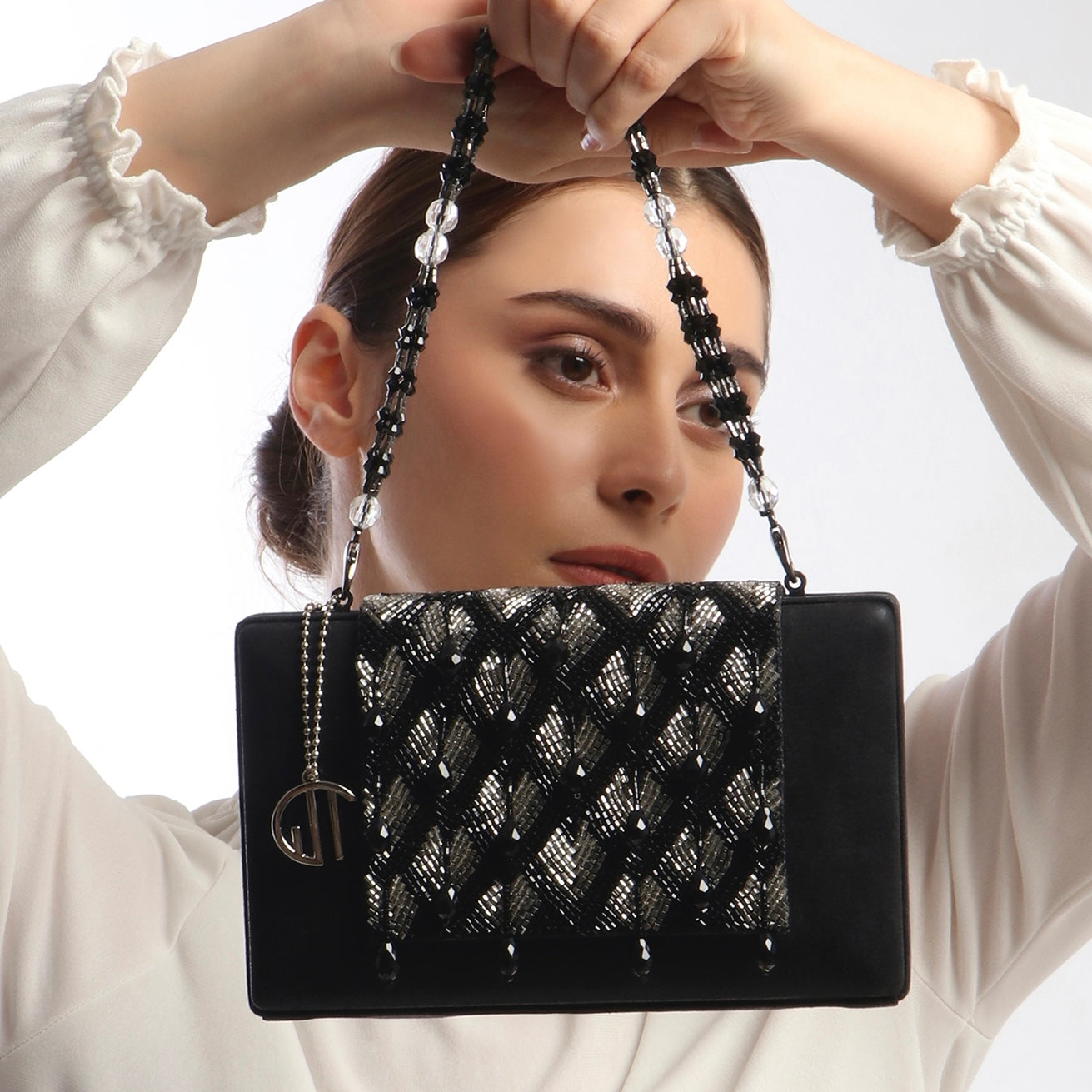 Chloee Black Box Clutch With Silver Beading Work 