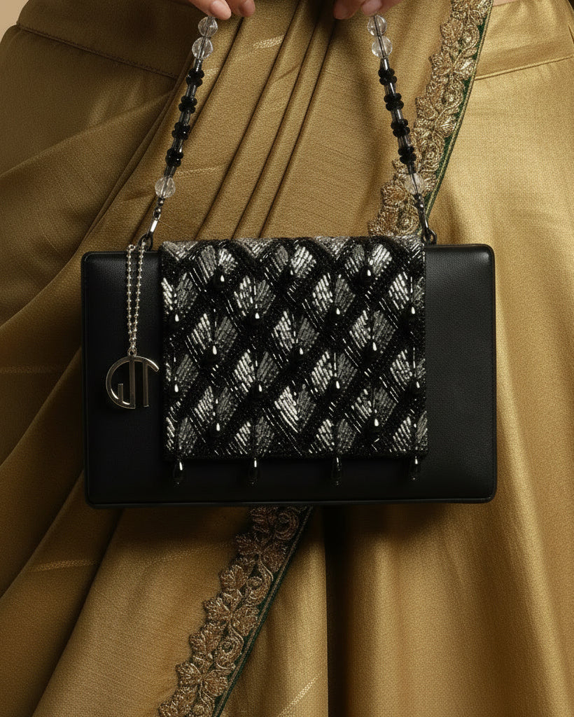 Chloee Black Box Clutch With Silver Beading Work 