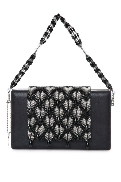 Chloee Black Box Clutch With Silver Beading Work 