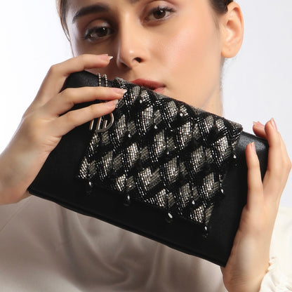 Chloee Black Box Clutch With Silver Beading Work 
