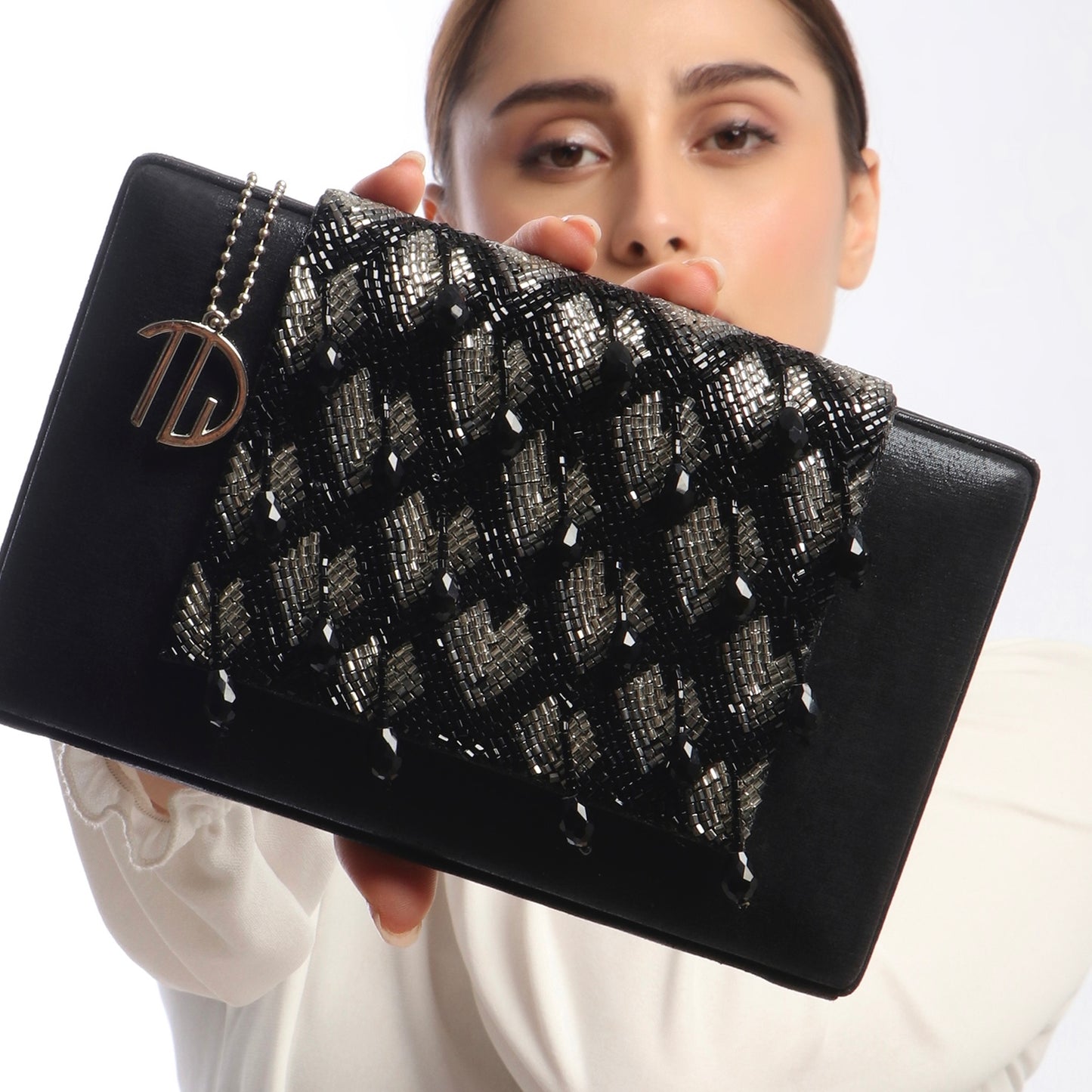 Chloee Black Box Clutch With Silver Beading Work 