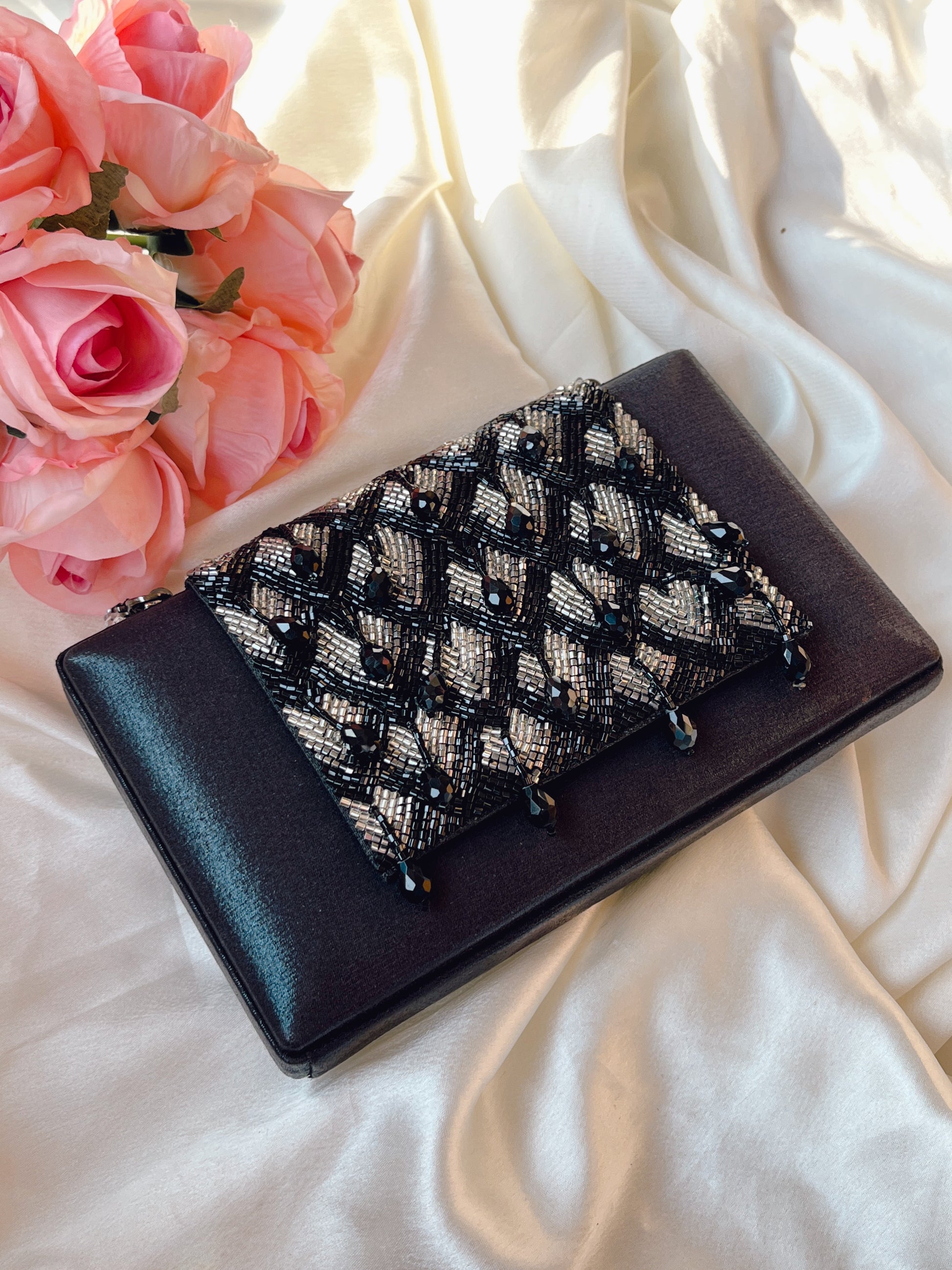 Chloee Black Box Clutch With Silver Beading Work 