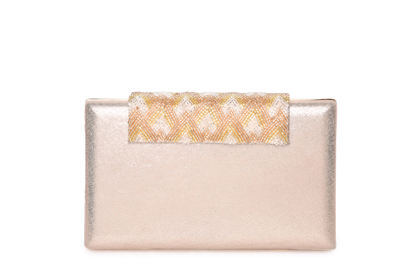 Chloee Rose Gold Box Clutch With Gold Beading Work 