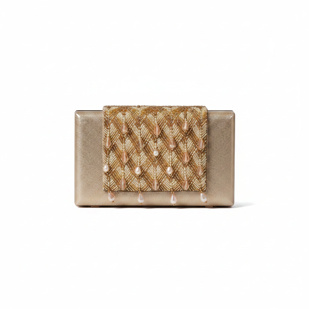 Chloee Rose Gold Box Clutch With Gold Beading Work 
