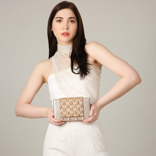 Chloee Rose Gold Box Clutch With Gold Beading Work 