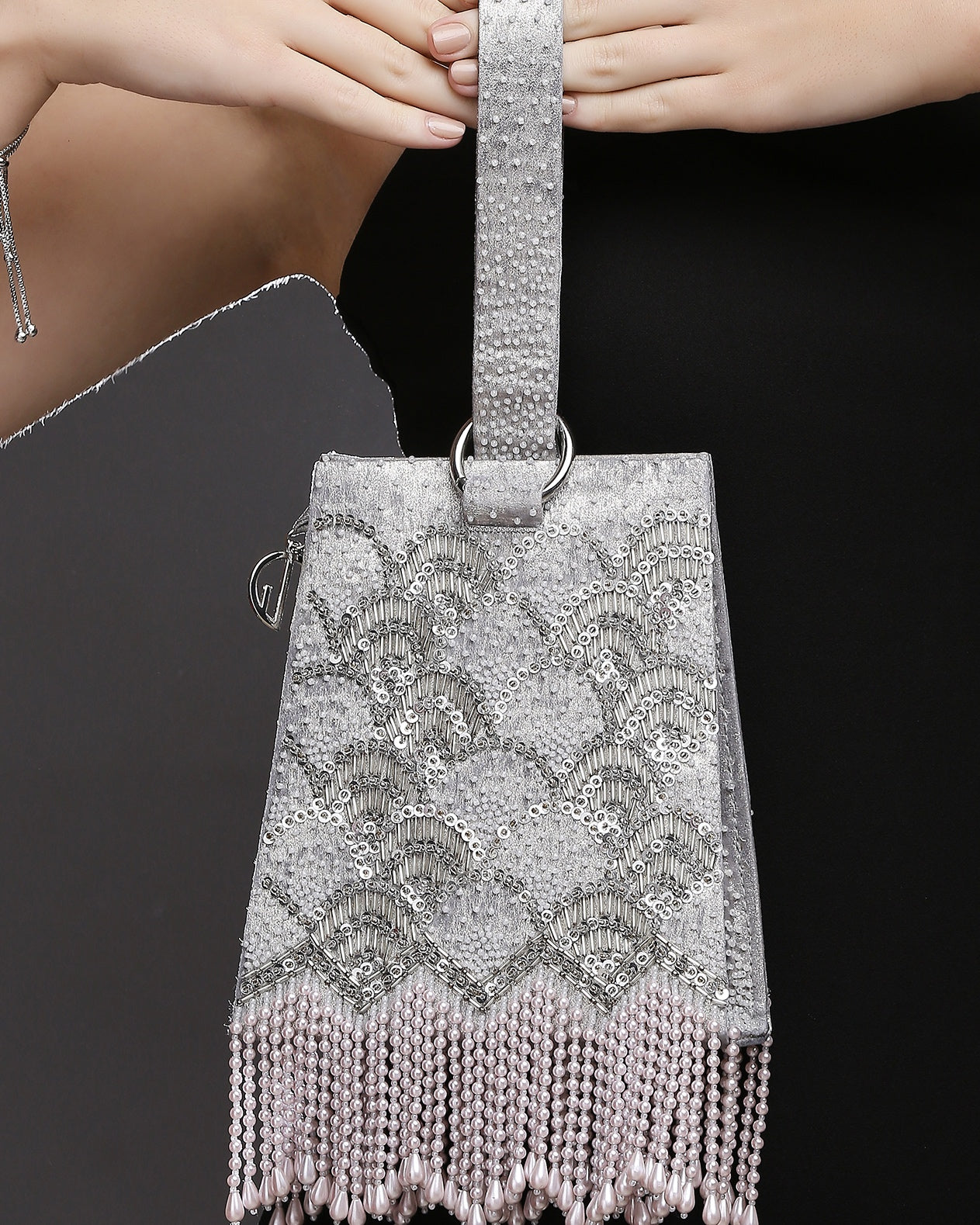 Pearl Embroidered Silver Wristlet Handbag