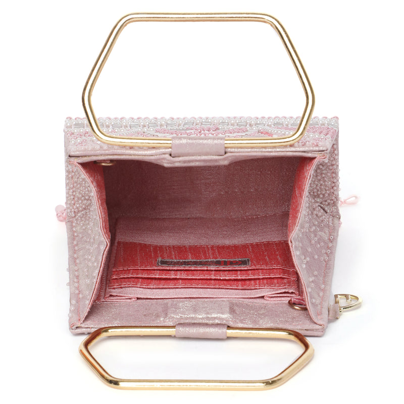 Pearl Embroidered Pink Trapeze Handle Handbag