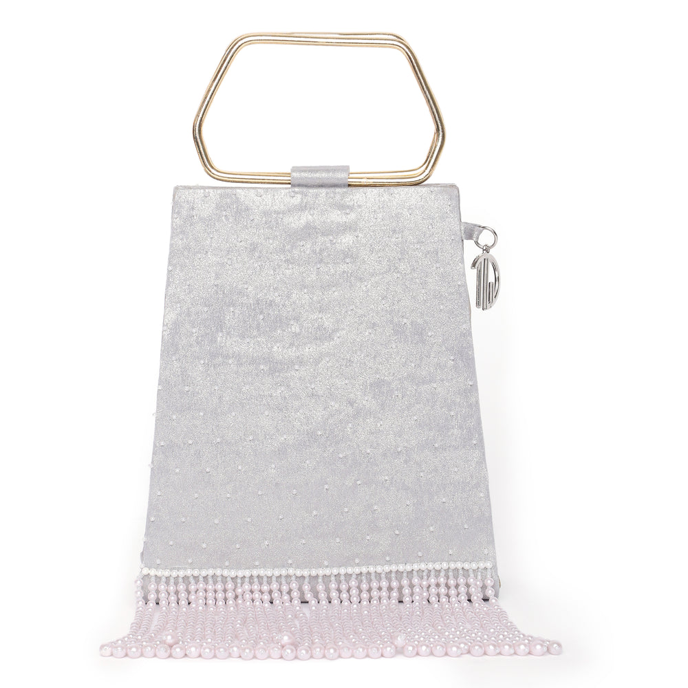 Pearl Embroidered Silver Trapeze Handle Handbag
