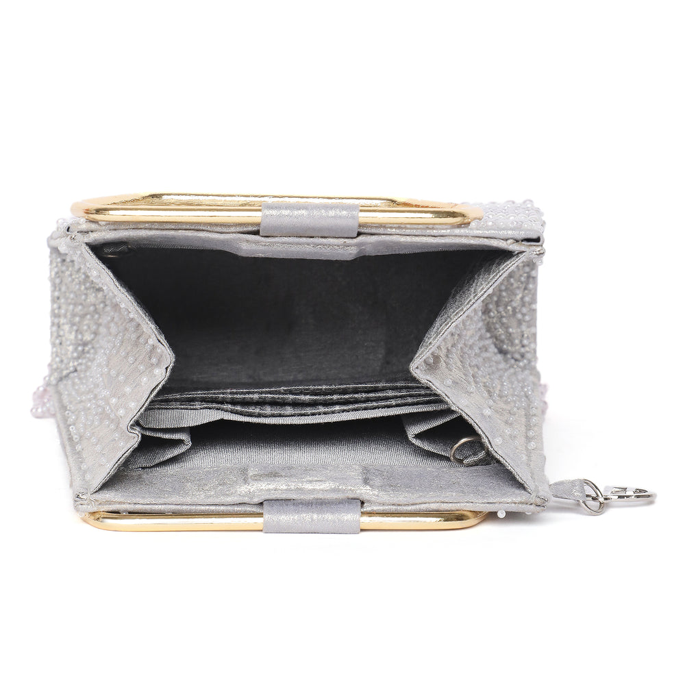 Pearl Embroidered Silver Trapeze Handle Handbag