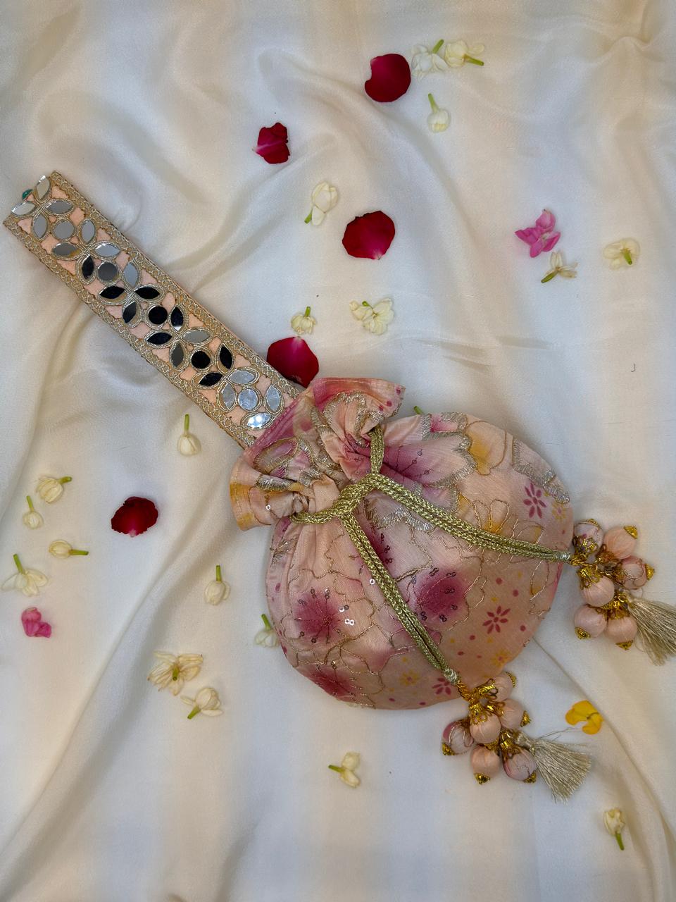 Peach Floral Mirror Work Strap Potli