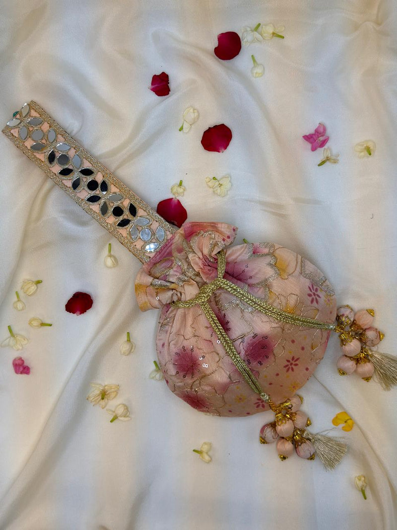 Peach Floral Mirror Work Strap Potli