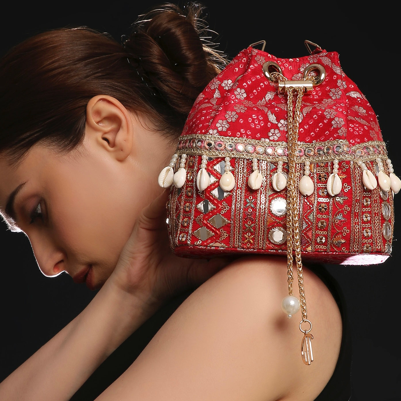 Rani Red Bandhani Bucket Bag